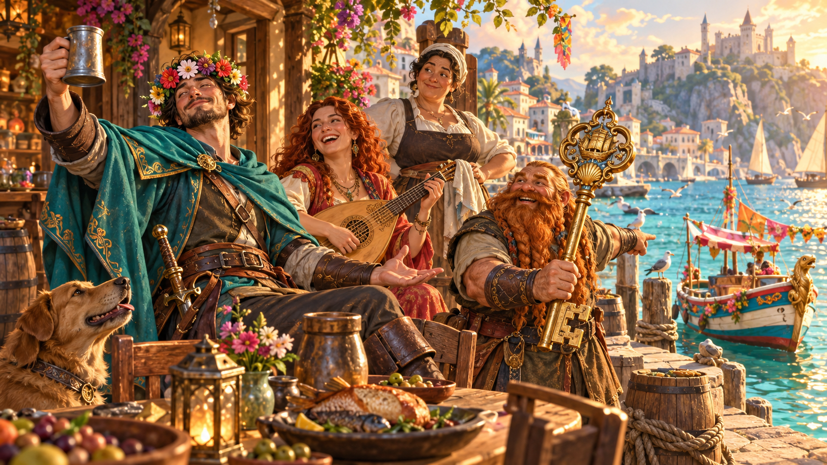 Fantasy illustration of an adult adventurer raising a tankard on a sunny harbour terrace beside a musician, ship key and decorated boat