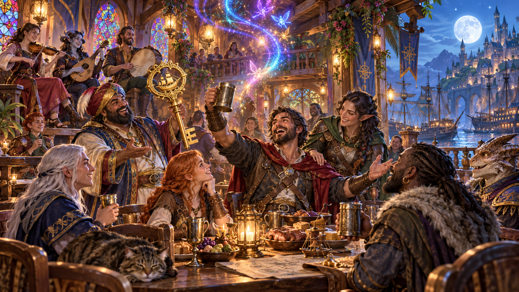 Fantasy illustration of a tavern celebration with a grand toast, musicians, a ship key, new company and colourful magical lights