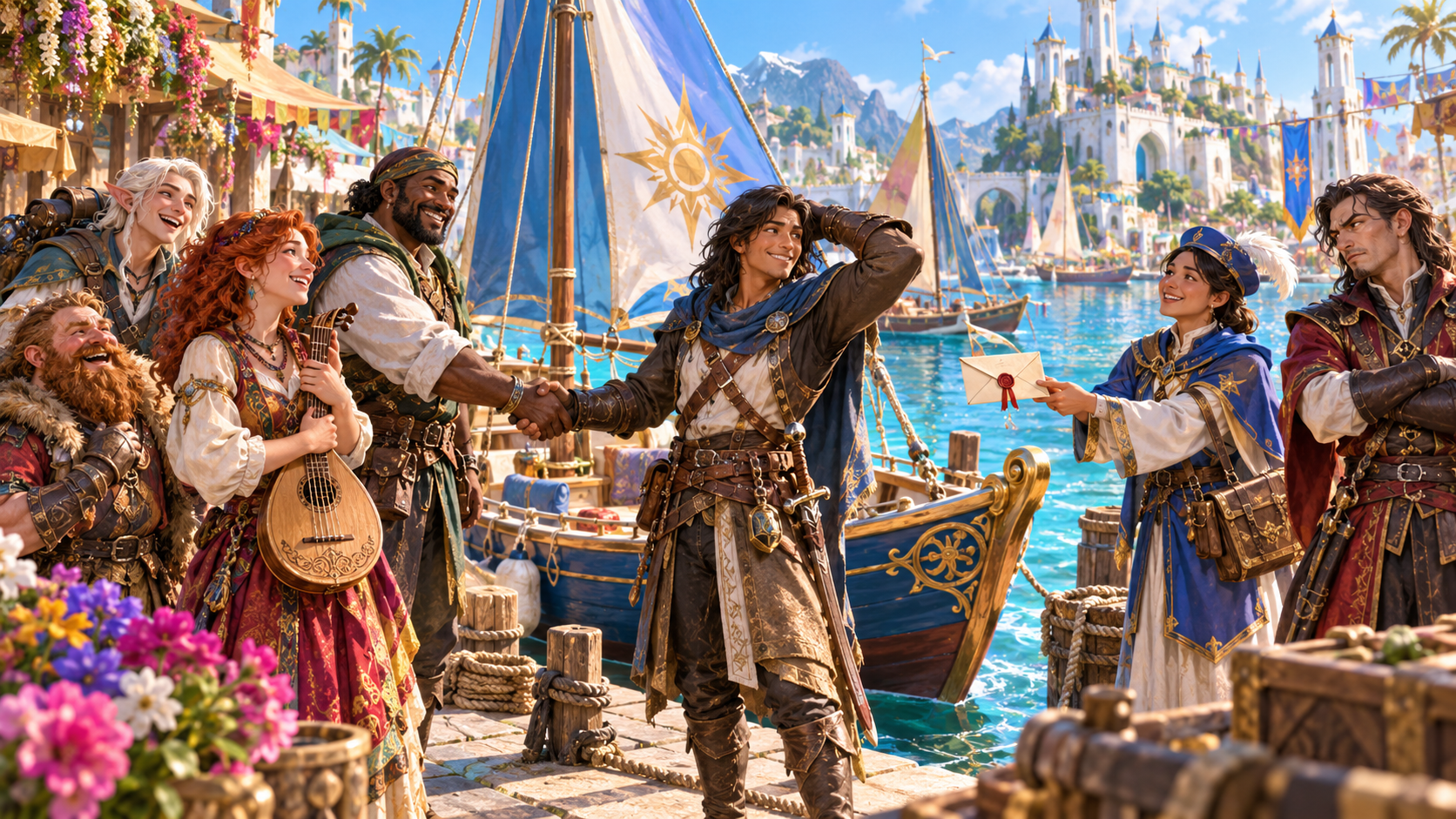 Fantasy illustration of a harbour gathering with a boat, instrument, new friend, rival and sealed invitation