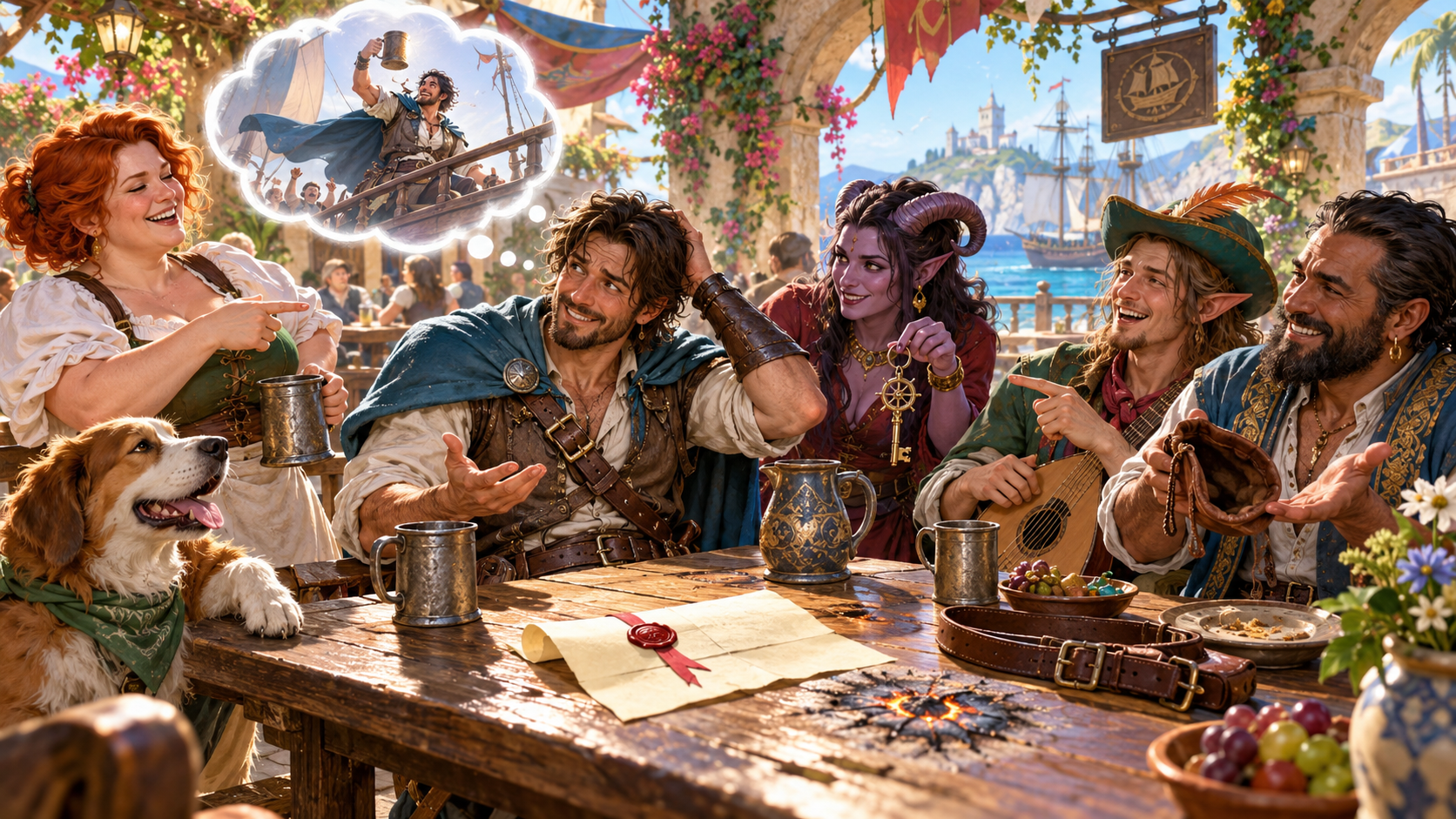 Fantasy illustration of a harbour table group comparing a remembered ship toast with witnesses, clues, a belt and a sealed letter